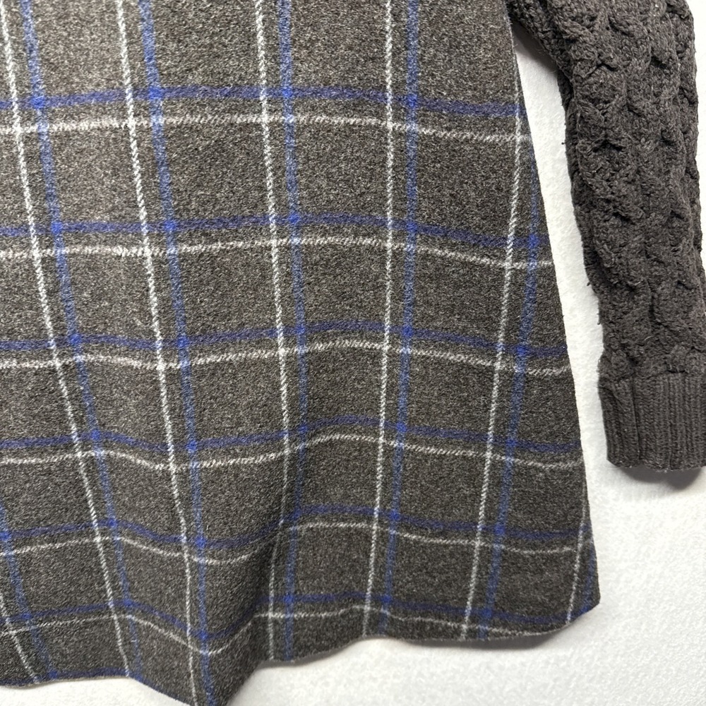 Anthropologie Idra Plaid Wool Blend Coat Cable Knit Sleeves Grey Blue Size 10 - Picture 7 of 16